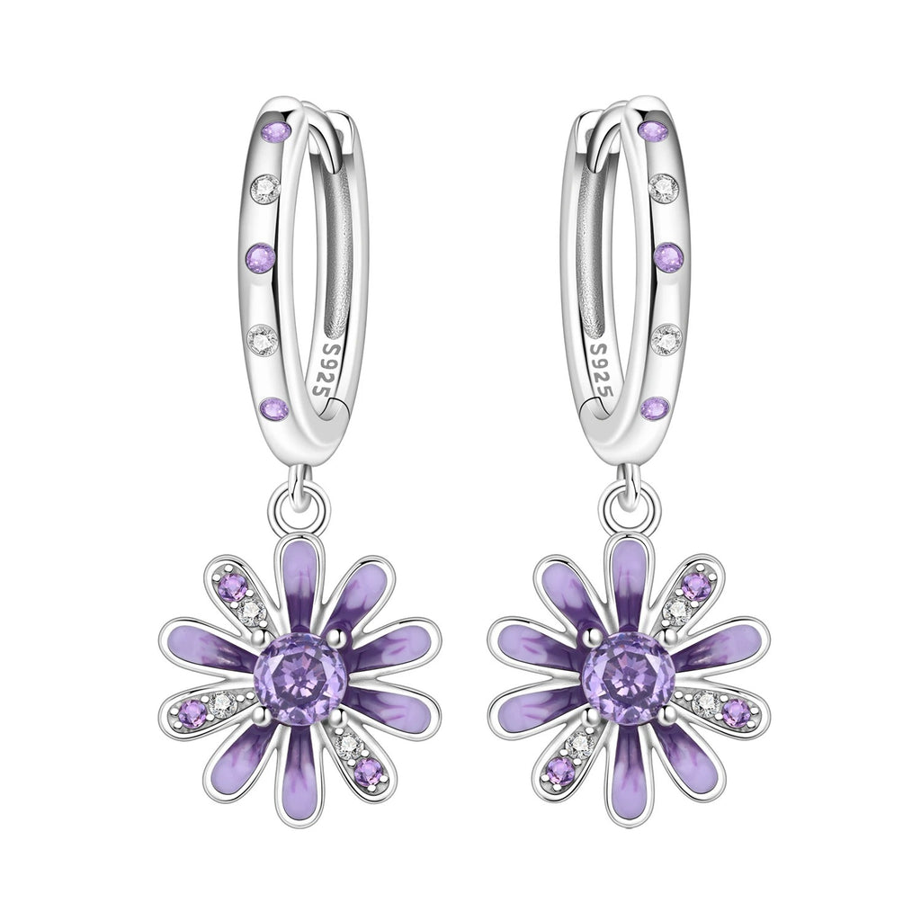 Purple Daisy Flower Drop Earrings