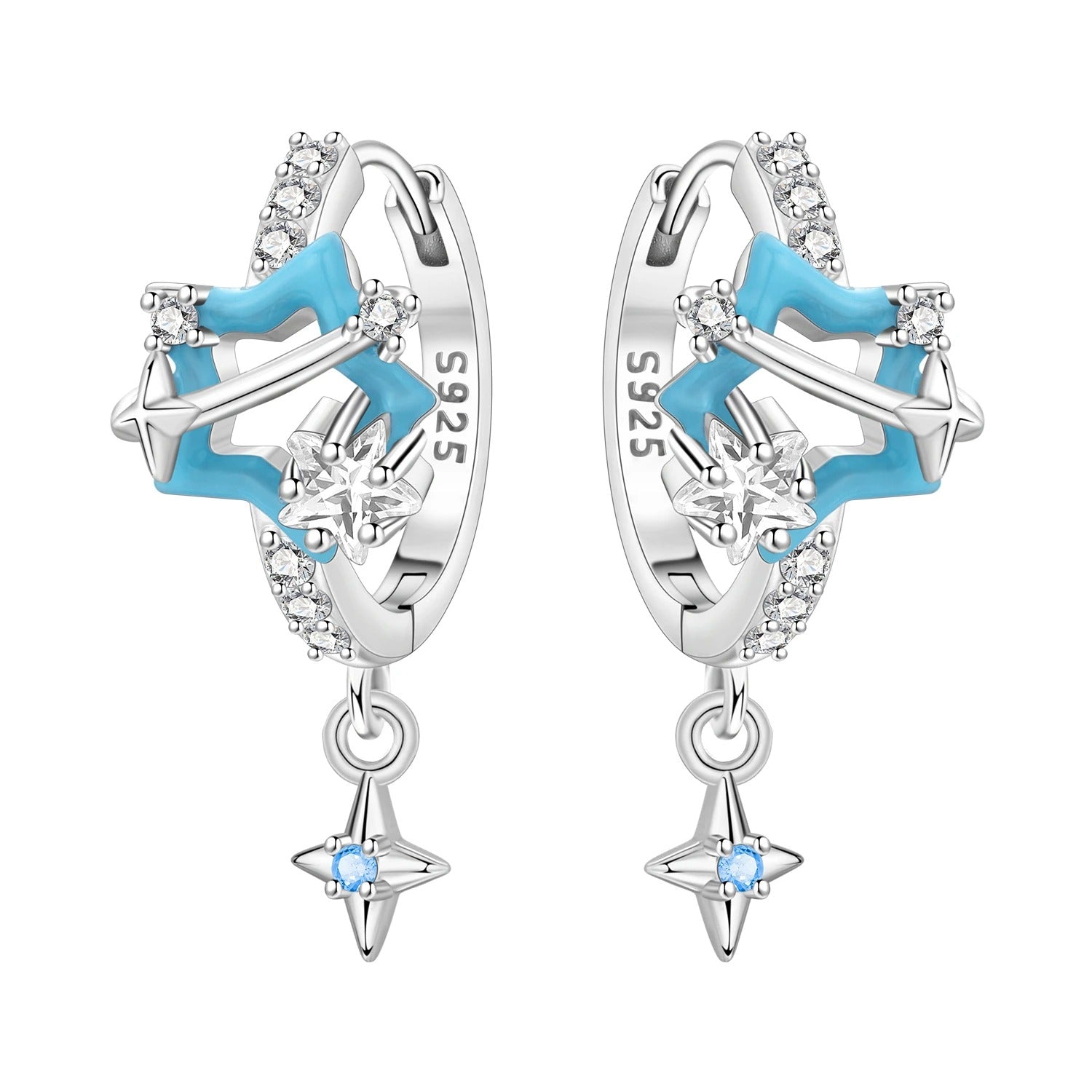 Sparkling Blue Star Planet Drop Earrings