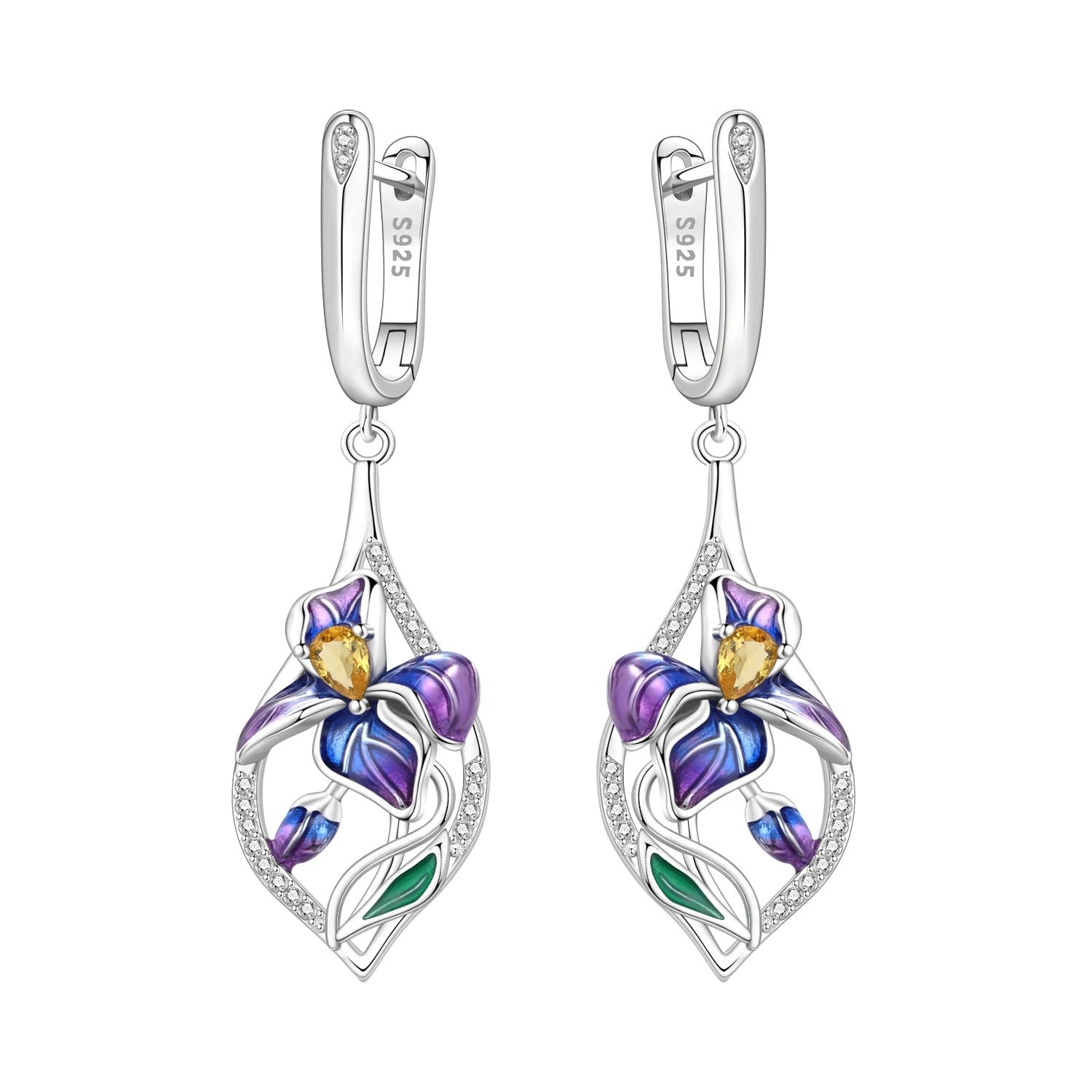 Blue Purple Iris Flower Drop Earrings