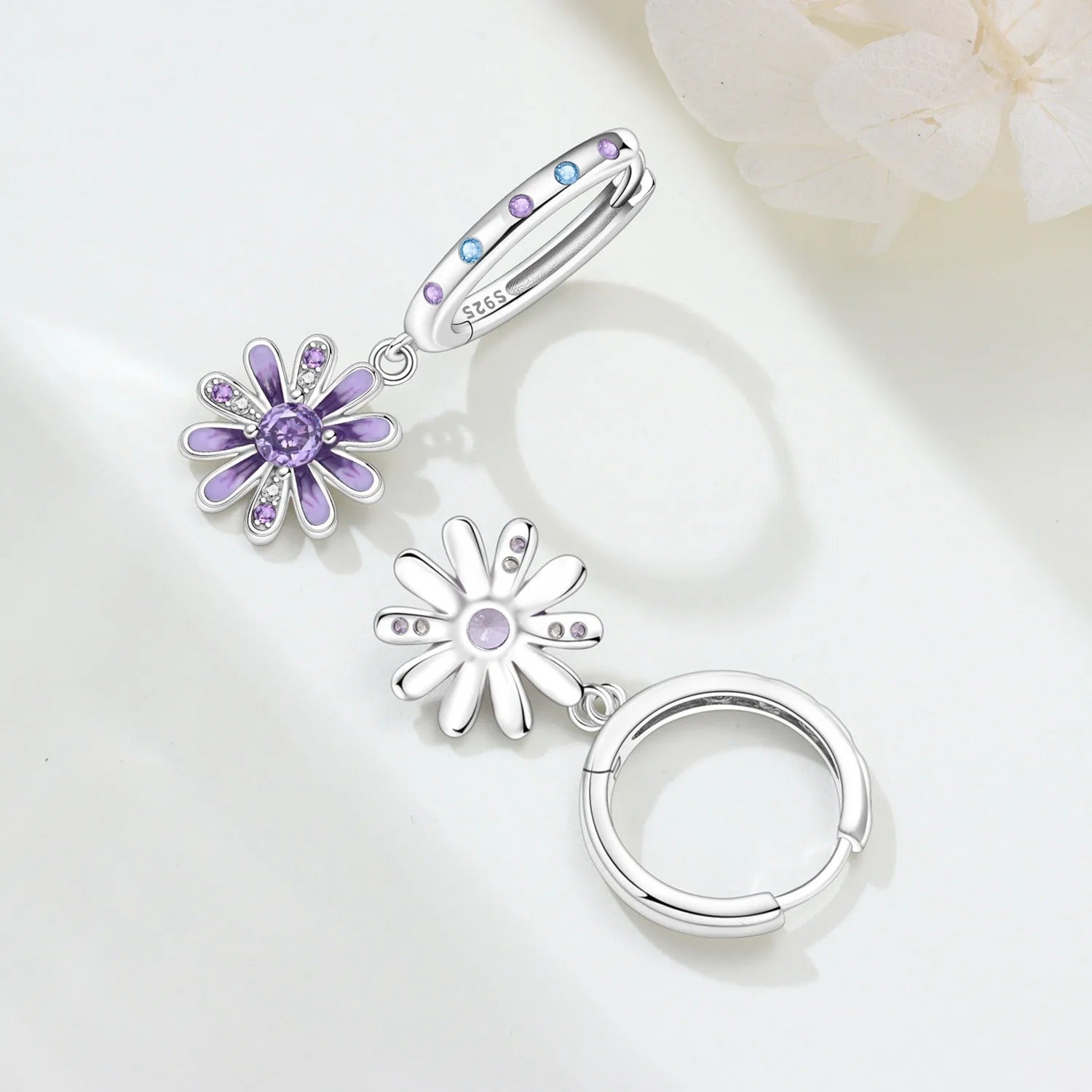 Purple Daisy Flower Drop Earrings