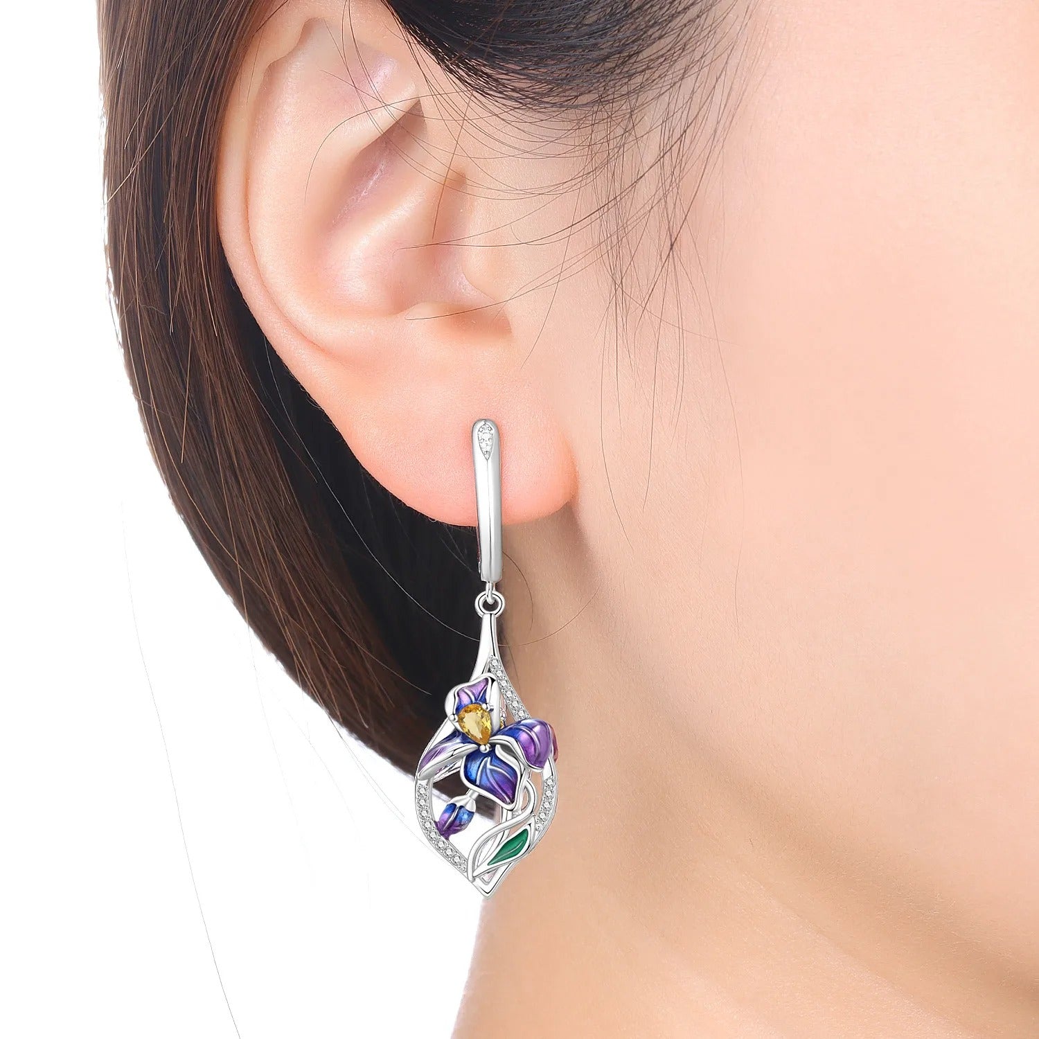 Blue Purple Iris Flower Drop Earrings