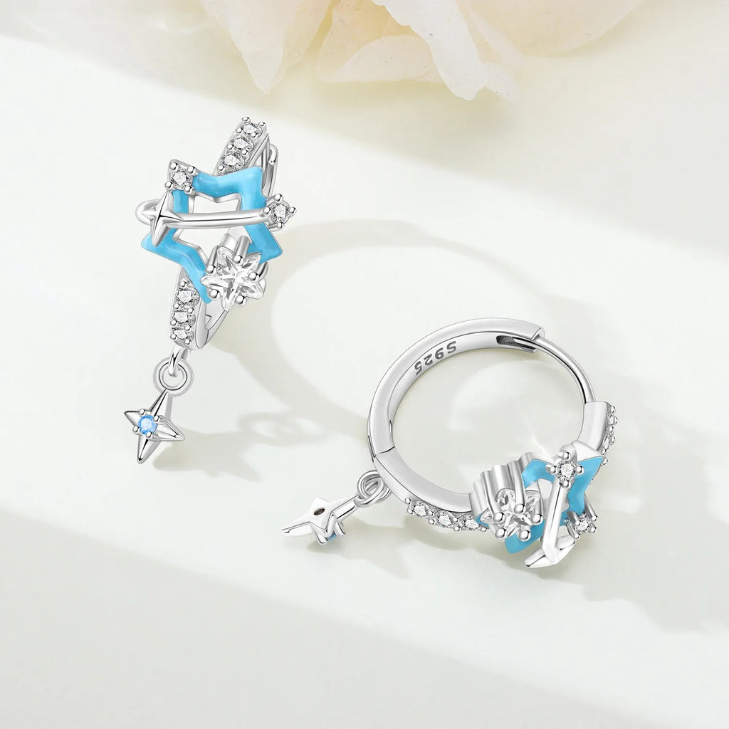 Sparkling Blue Star Planet Drop Earrings