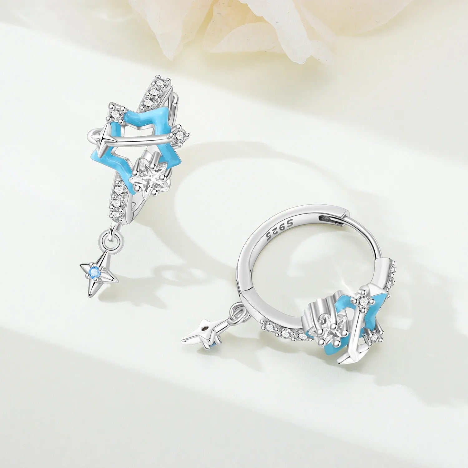 Sparkling Blue Star Planet Drop Earrings