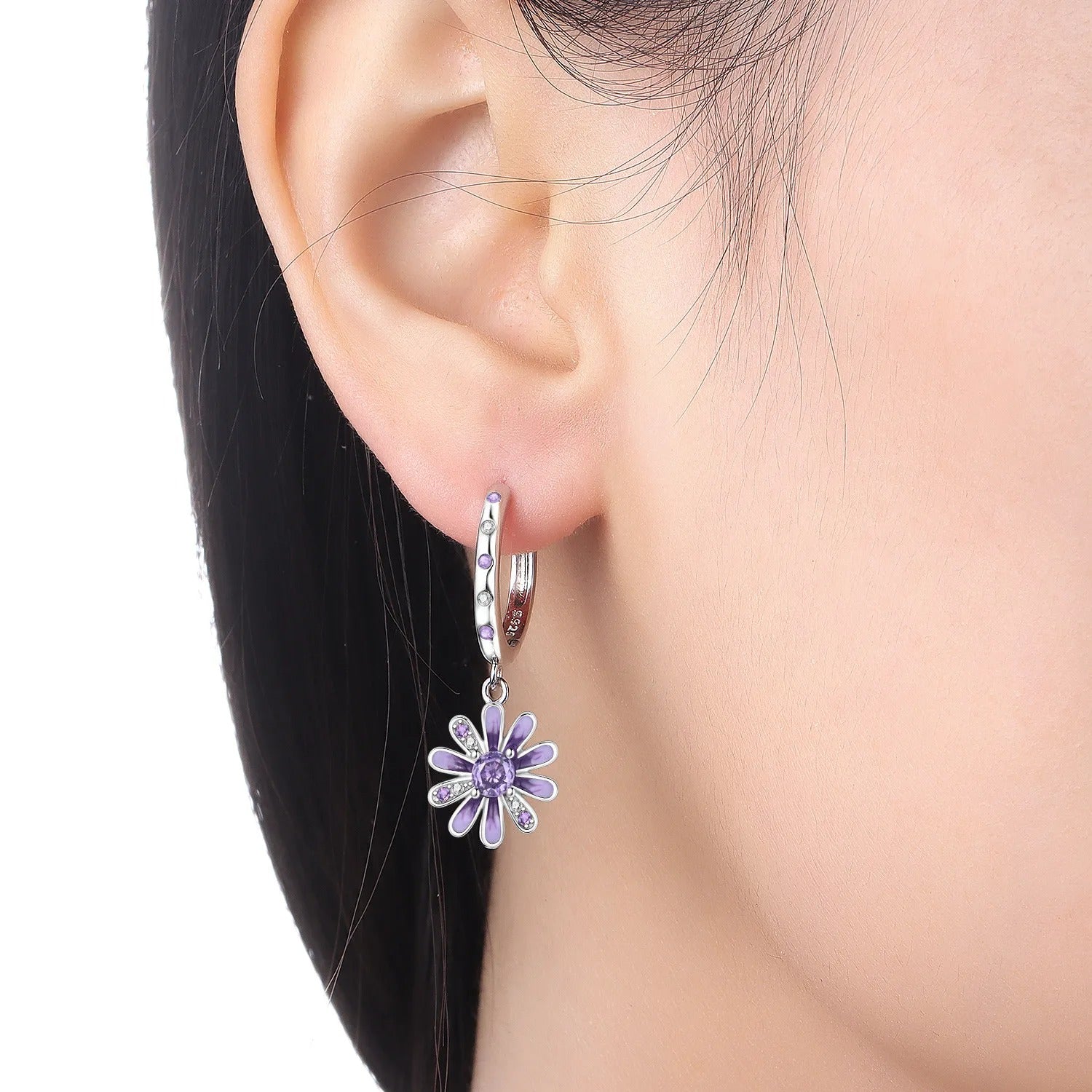 Purple Daisy Flower Drop Earrings