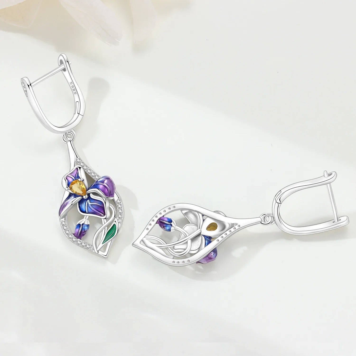 Blue Purple Iris Flower Drop Earrings