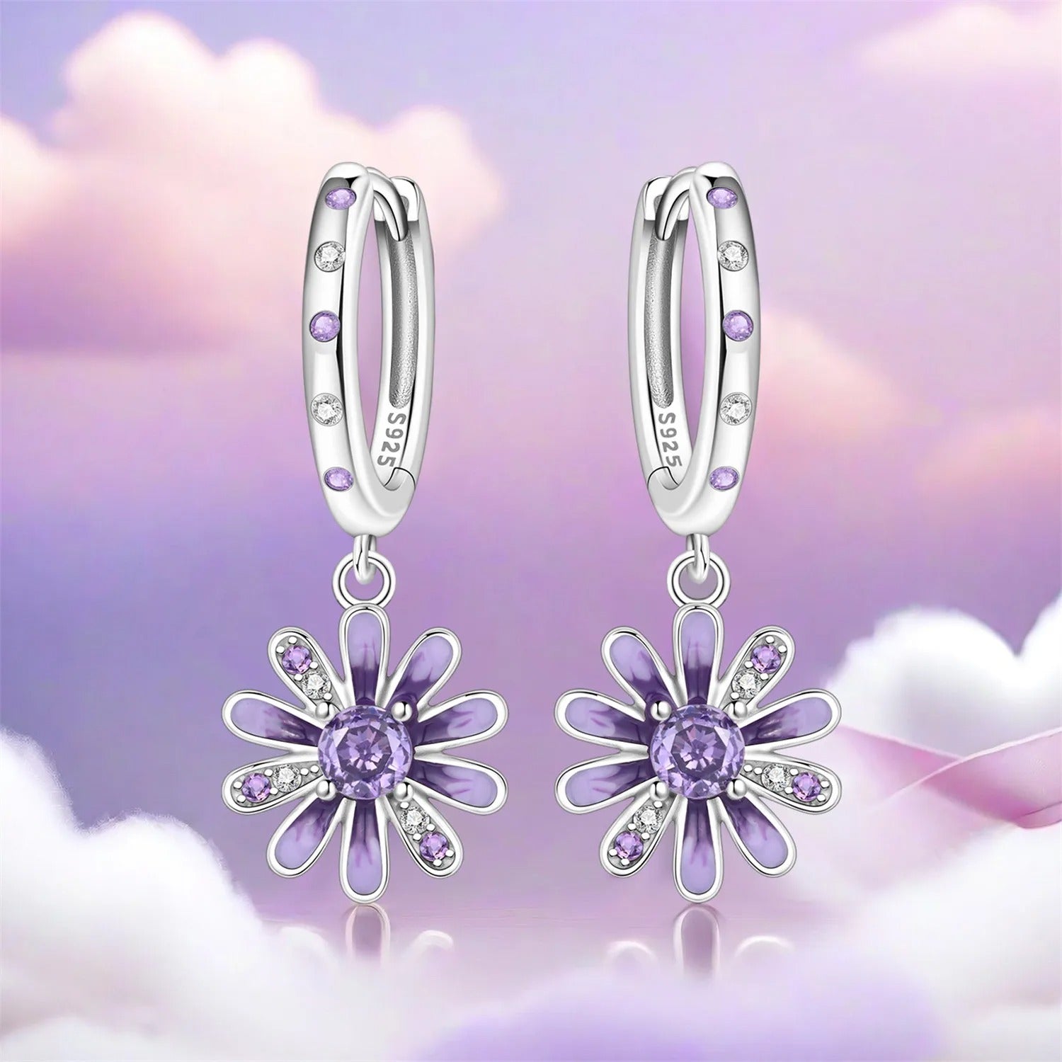 Purple Daisy Flower Drop Earrings