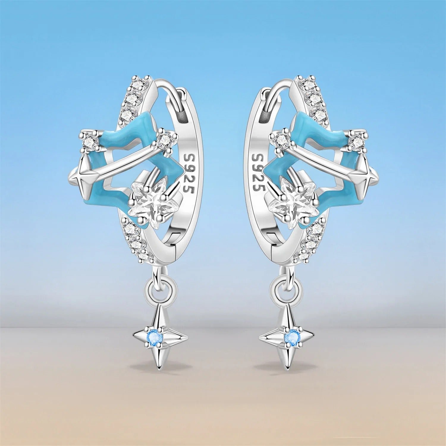 Sparkling Blue Star Planet Drop Earrings