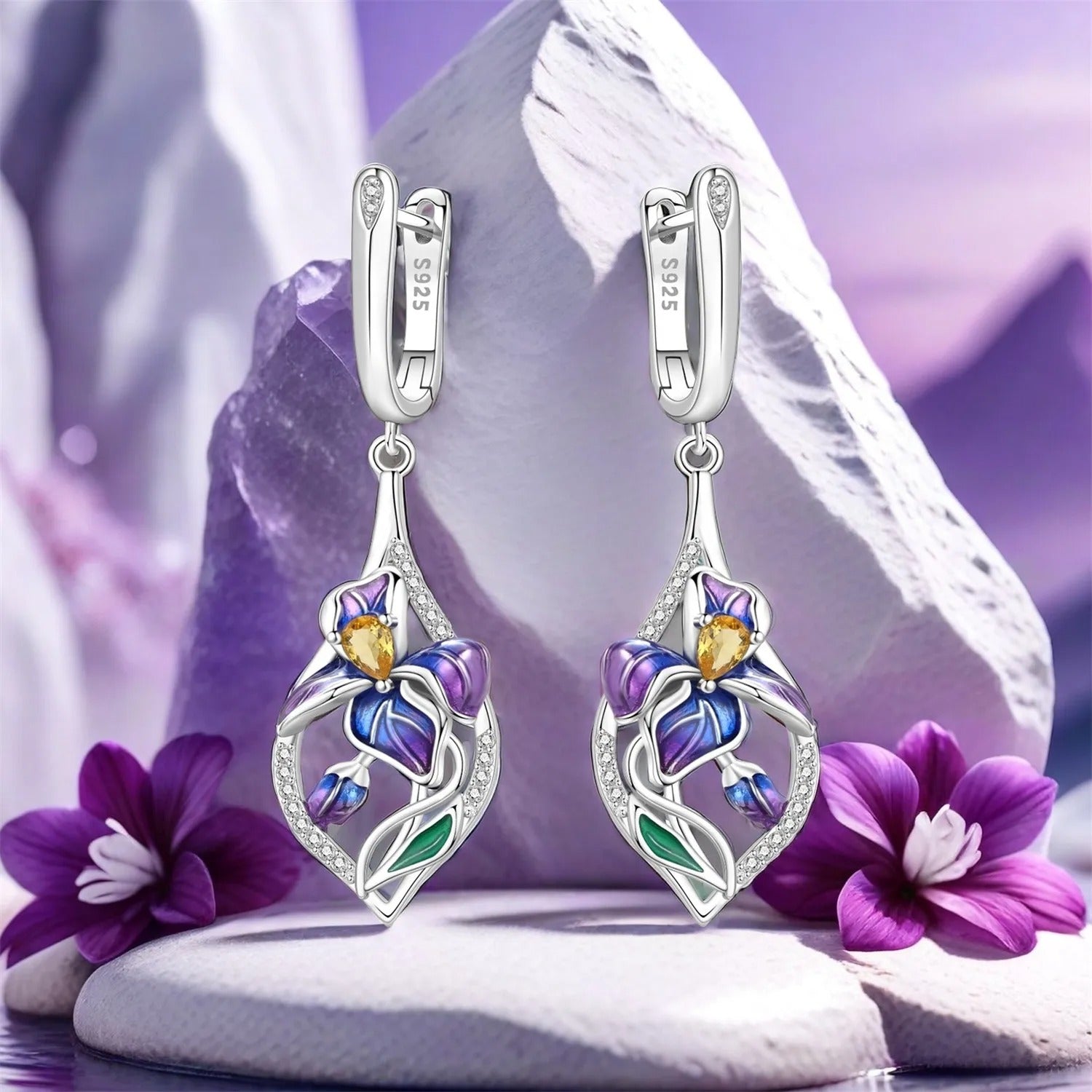 Blue Purple Iris Flower Drop Earrings