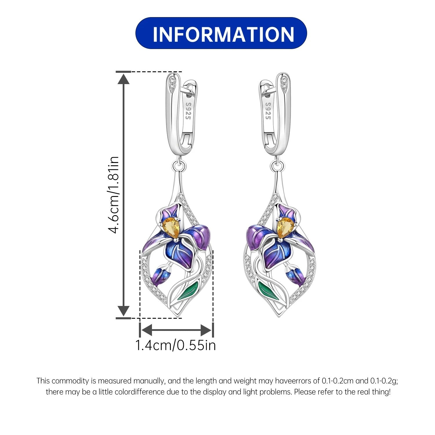 Blue Purple Iris Flower Drop Earrings